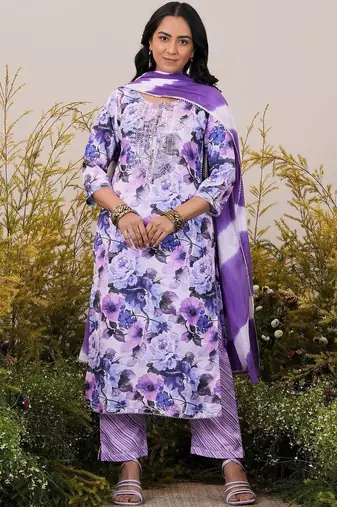 women floral printed regular thread work kurta with trousers & with dupatta