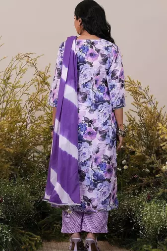 women floral printed regular thread work kurta with trousers & with dupatta