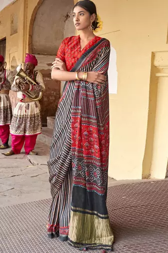 Black ajrak block designer leheriya saree