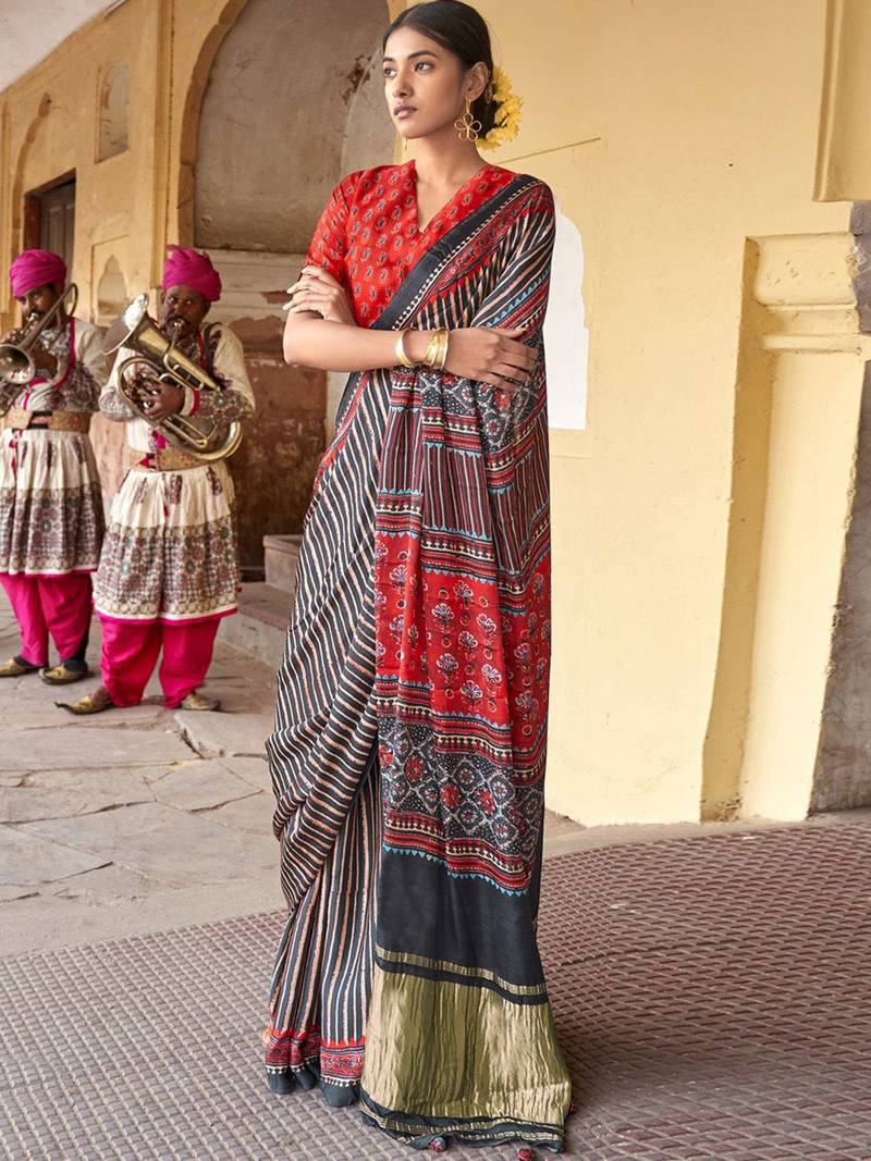 Black ajrak block designer leheriya saree