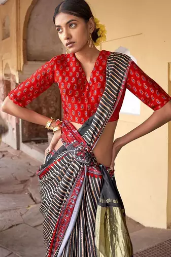Black ajrak block designer leheriya saree
