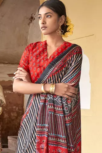 Black ajrak block designer leheriya saree