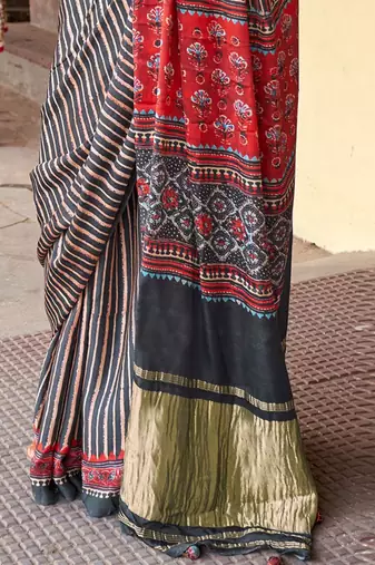 Black ajrak block designer leheriya saree