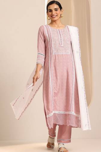 women ethnic motifs printed regular thread work kurta with trousers & with dupatta