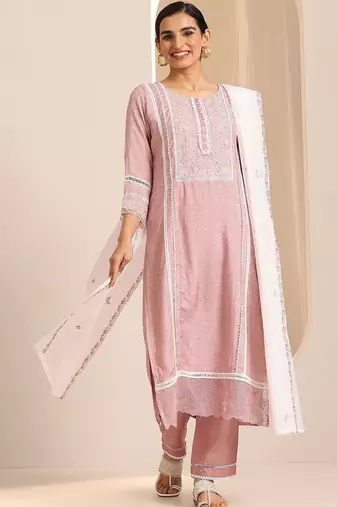 women ethnic motifs printed regular thread work kurta with trousers & with dupatta