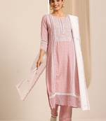 women ethnic motifs printed regular thread work kurta with trousers & with dupatta