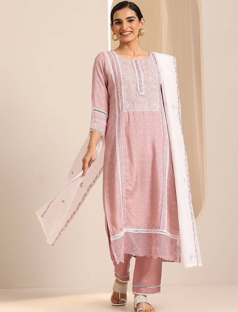 women ethnic motifs printed regular thread work kurta with trousers & with dupatta