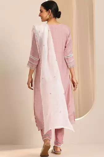 women ethnic motifs printed regular thread work kurta with trousers & with dupatta