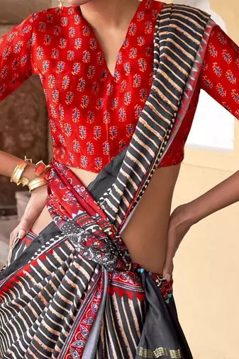 Black ajrak block designer leheriya saree