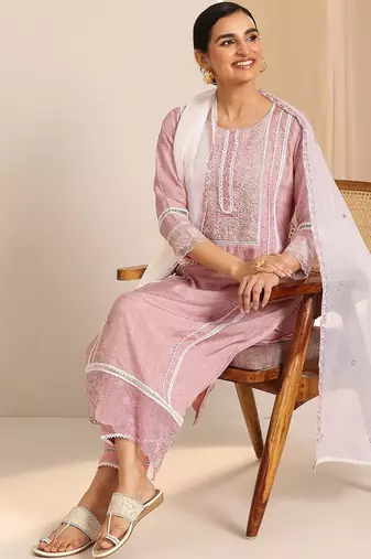 women ethnic motifs printed regular thread work kurta with trousers & with dupatta