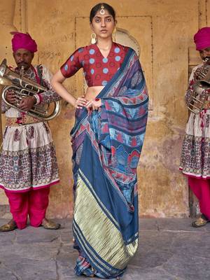 Blue ethnic motifs dabu saree 1