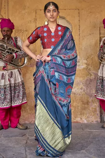 Blue ethnic motifs dabu saree