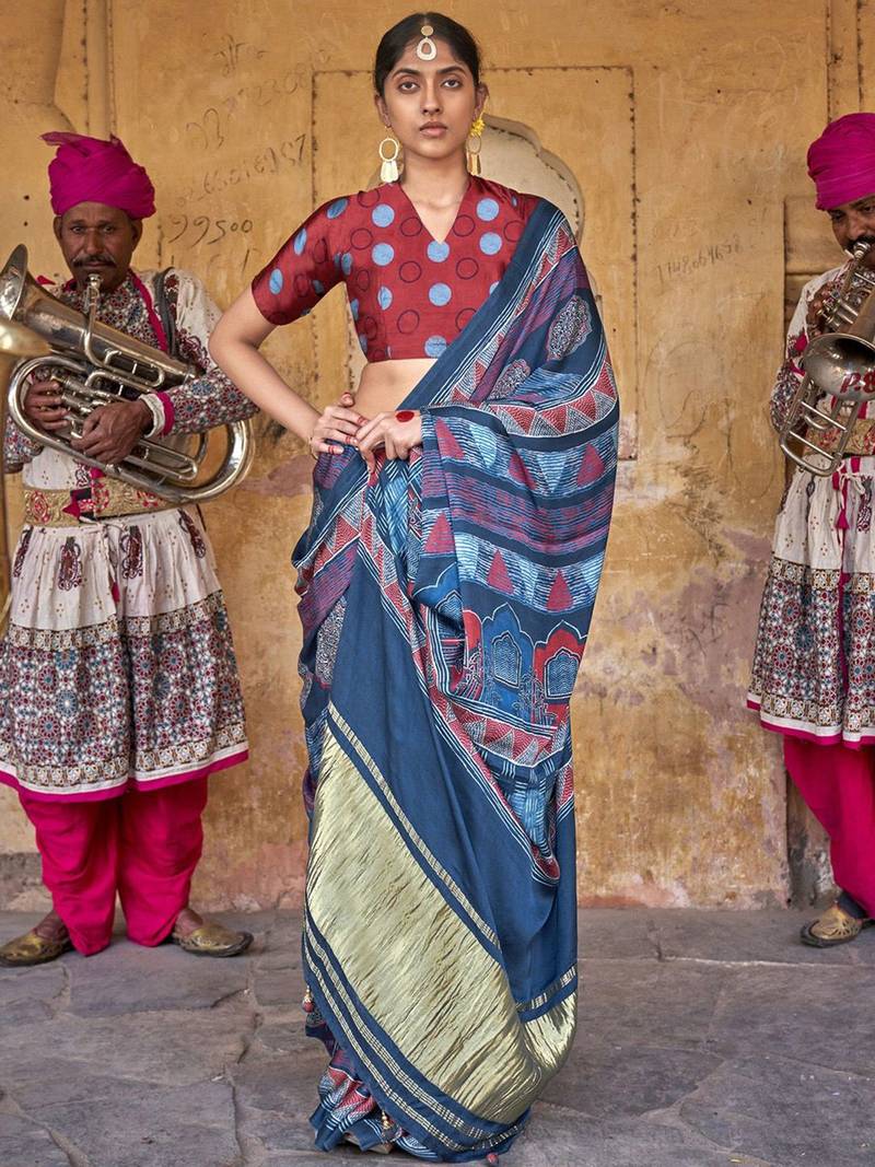 Blue ethnic motifs dabu saree