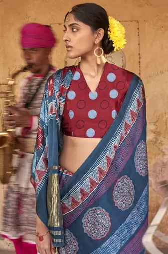 Blue ethnic motifs dabu saree
