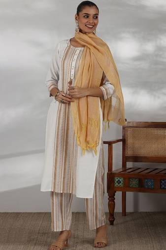 women striped regular thread work kurta with trousers & with dupatta