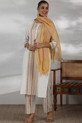 women striped regular thread work kurta with trousers & with dupatta