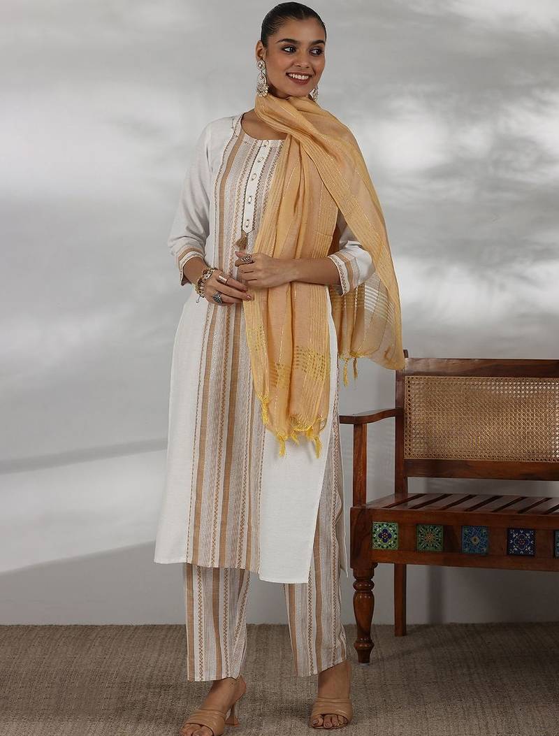 women striped regular thread work kurta with trousers & with dupatta