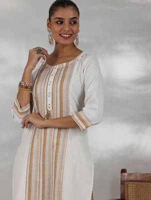 women striped regular thread work kurta with trousers & with dupatta 2