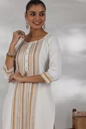 women striped regular thread work kurta with trousers & with dupatta