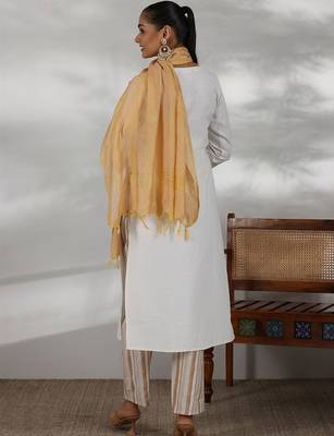 women striped regular thread work kurta with trousers & with dupatta 3