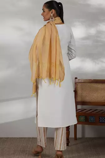 women striped regular thread work kurta with trousers & with dupatta