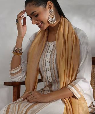 women striped regular thread work kurta with trousers & with dupatta 4
