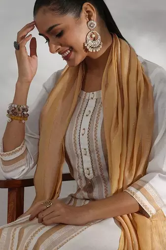 women striped regular thread work kurta with trousers & with dupatta