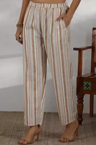 women striped regular thread work kurta with trousers & with dupatta