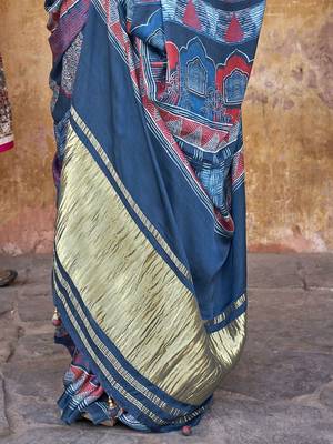 Blue ethnic motifs dabu saree 4