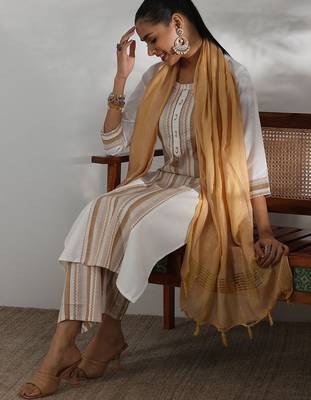 women striped regular thread work kurta with trousers & with dupatta 6
