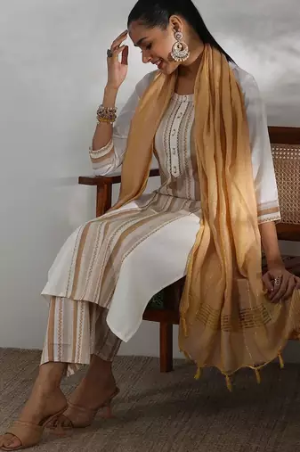 women striped regular thread work kurta with trousers & with dupatta