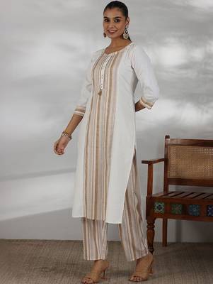 women striped regular thread work kurta with trousers & with dupatta 7