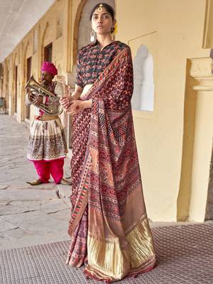 Brown ajrak printed block dabu saree 1