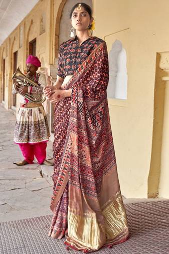 Brown ajrak printed block dabu saree