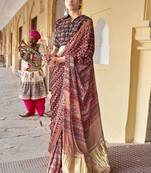 Brown ajrak printed block dabu saree