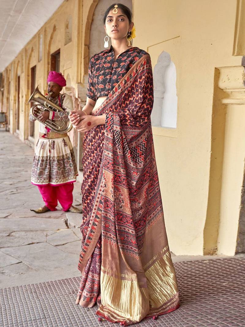 Brown ajrak printed block dabu saree