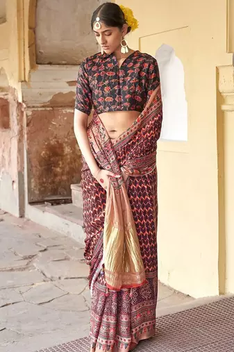Brown ajrak printed block dabu saree