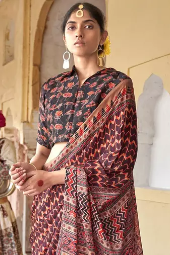 Brown ajrak printed block dabu saree