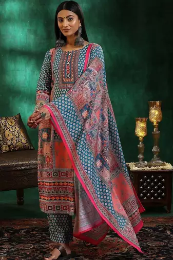 women ethnic motifs printed regular mirror work linen kurta with trousers & with dupatta