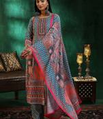 women ethnic motifs printed regular mirror work linen kurta with trousers & with dupatta