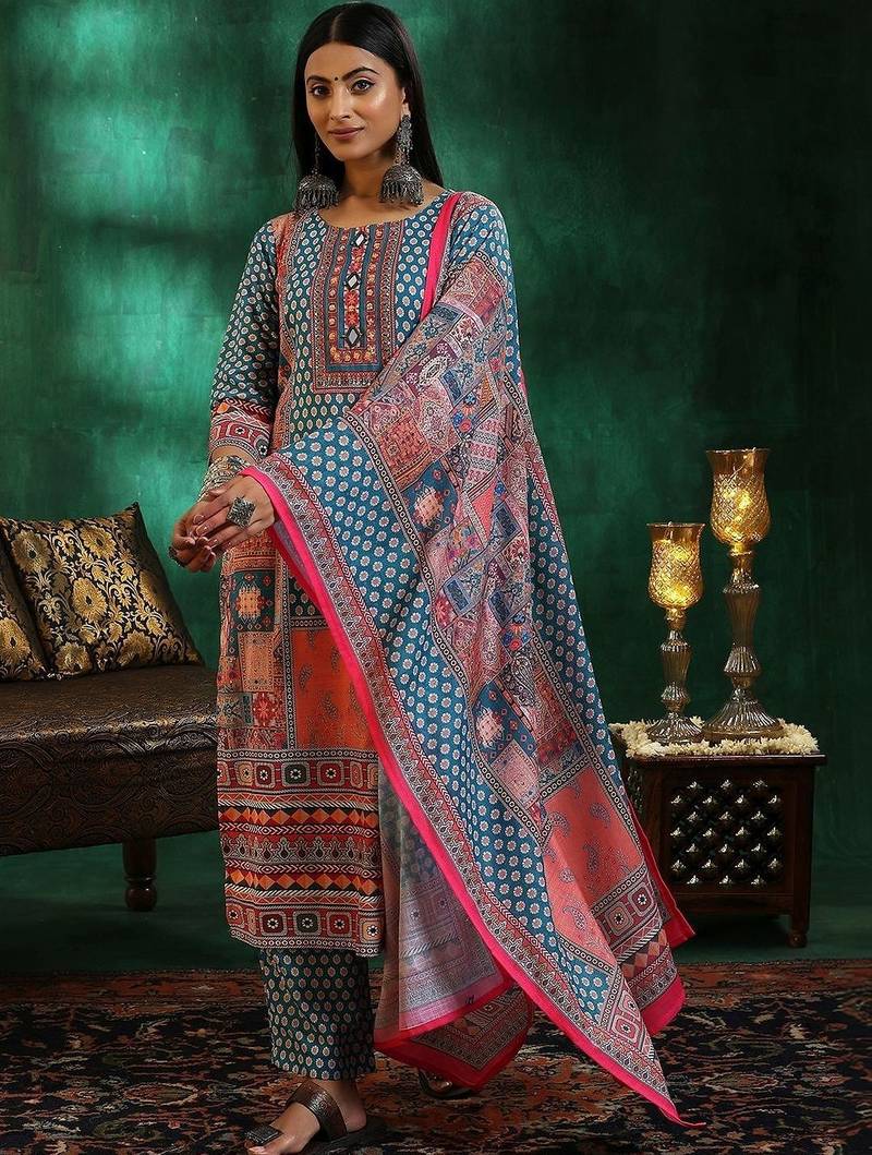 women ethnic motifs printed regular mirror work linen kurta with trousers & with dupatta