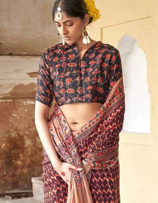 Brown ajrak printed block dabu saree 4