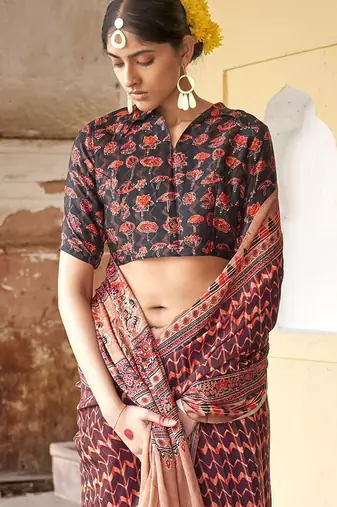 Brown ajrak printed block dabu saree