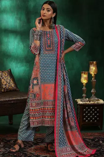 women ethnic motifs printed regular mirror work linen kurta with trousers & with dupatta