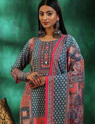 women ethnic motifs printed regular mirror work linen kurta with trousers & with dupatta 3