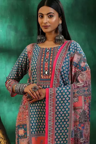 women ethnic motifs printed regular mirror work linen kurta with trousers & with dupatta