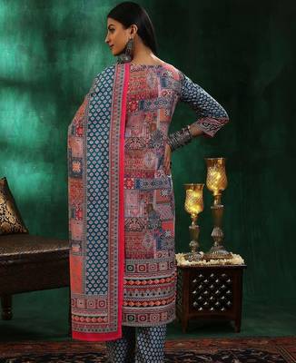 women ethnic motifs printed regular mirror work linen kurta with trousers & with dupatta 4