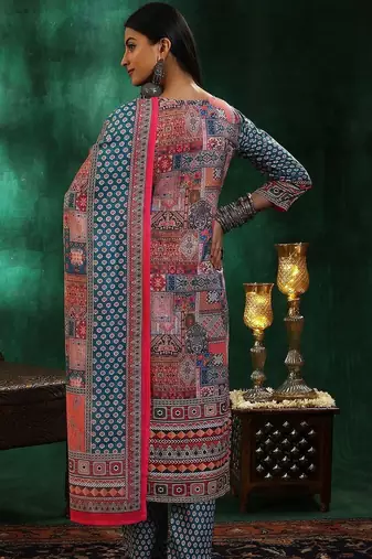 women ethnic motifs printed regular mirror work linen kurta with trousers & with dupatta