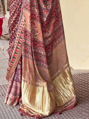 Brown ajrak printed block dabu saree 5