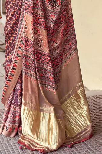 Brown ajrak printed block dabu saree